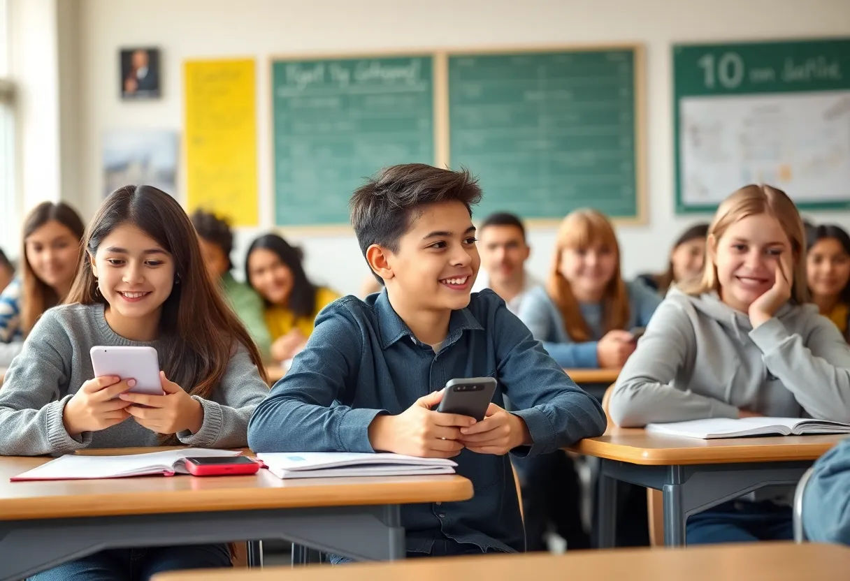 Students learning in a classroom without cell phones