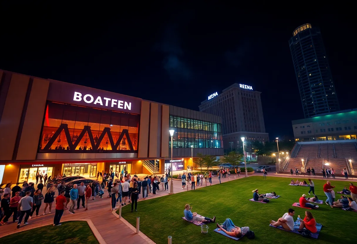 Crowd gathered outside a downtown arena and amphitheatre lawn in Tampa at night with bright stage lights