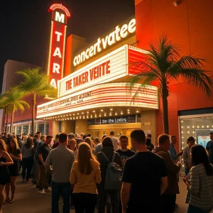 Crowd outside a Tampa concert venue at night checking mobile tickets under marquee lights
