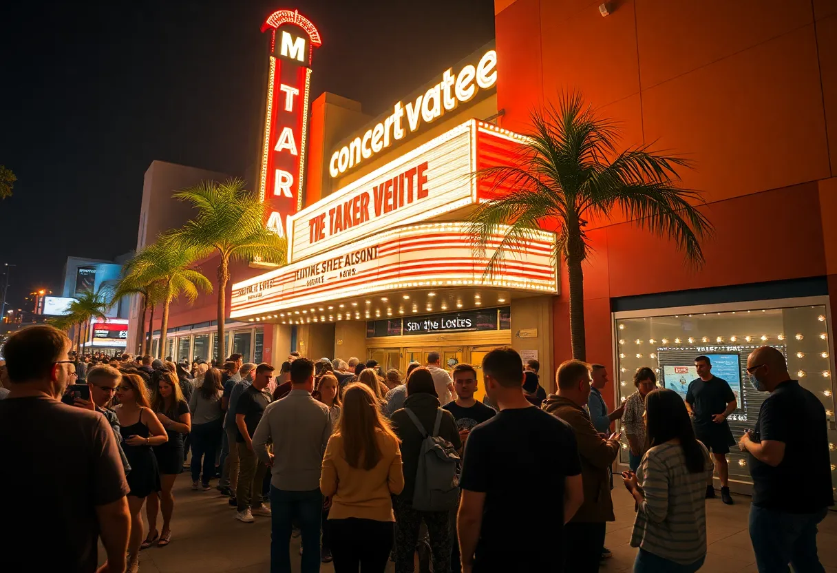 Crowd outside a Tampa concert venue at night checking mobile tickets under marquee lights