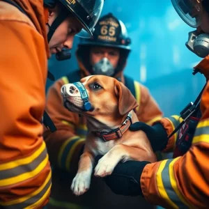 Firefighters administering aid to a rescued dog after a townhome fire in Tampa.