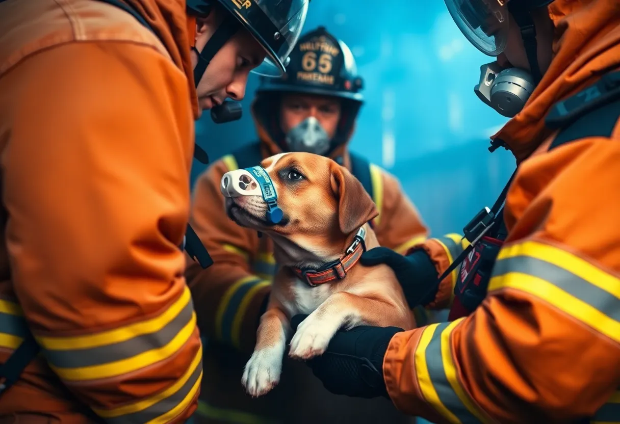 Firefighters administering aid to a rescued dog after a townhome fire in Tampa.