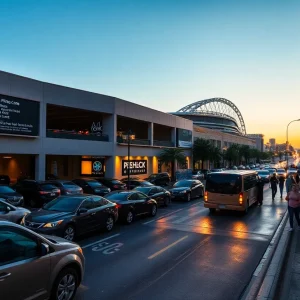 Downtown Tampa event parking and crowds near a stadium at dusk