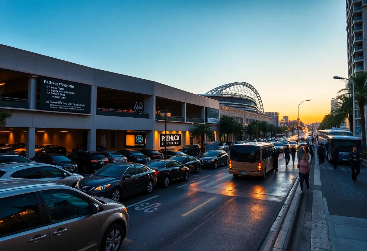 Downtown Tampa event parking and crowds near a stadium at dusk