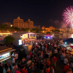 Crowd enjoying a vibrant festival at Tampa riverfront with food trucks, stage lights and fireworks over the water