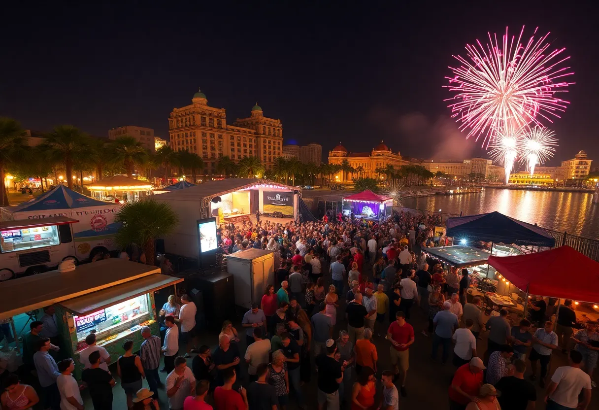 Crowd enjoying a vibrant festival at Tampa riverfront with food trucks, stage lights and fireworks over the water