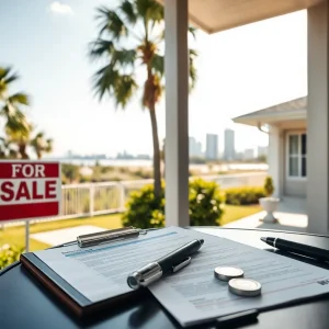 Tampa home exterior with for sale sign, keys, and inspection documents