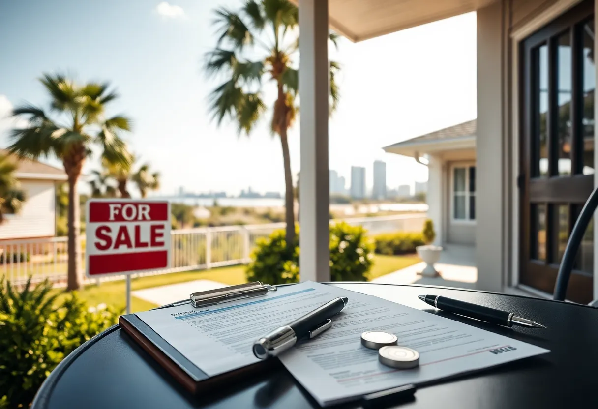 Tampa home exterior with for sale sign, keys, and inspection documents