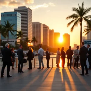 Tampa skyline with professionals networking at a career fair near the waterfront