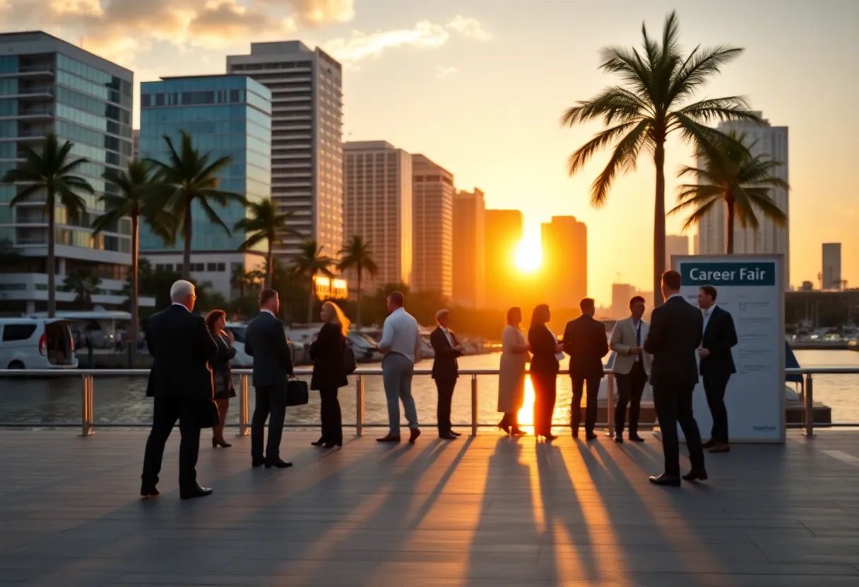 Tampa skyline with professionals networking at a career fair near the waterfront
