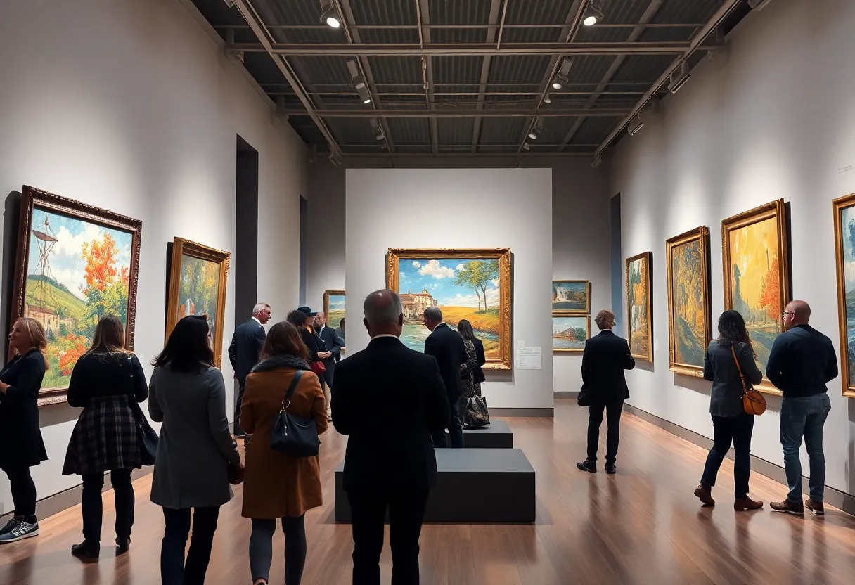 Visitors explore the American Impressionism exhibition at the Tampa Museum of Art.