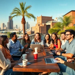 Diverse professionals networking at a Tampa rooftop café with skyline in background, laptops and coffee on tables