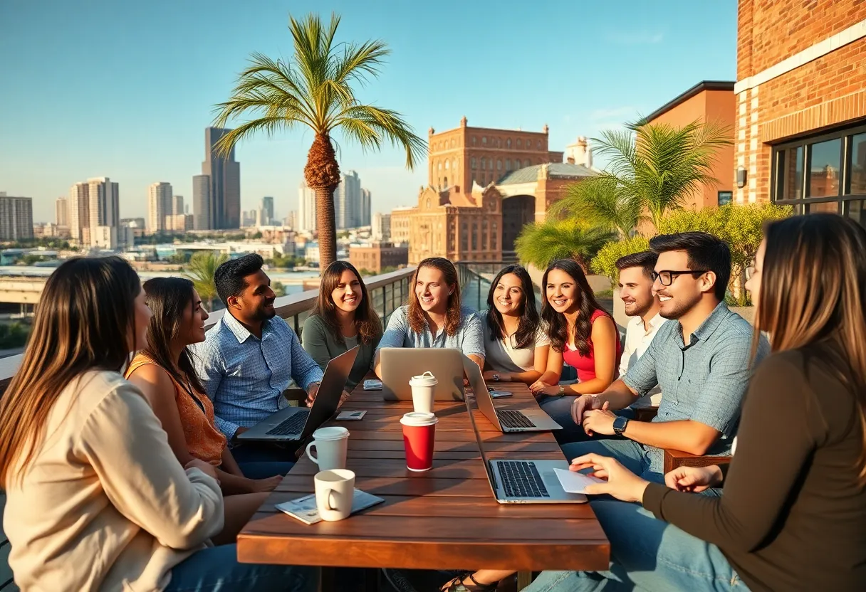 Diverse professionals networking at a Tampa rooftop café with skyline in background, laptops and coffee on tables