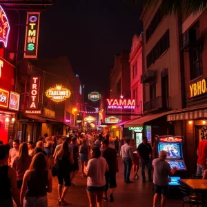 Lively Tampa nightlife scene with neon bars, outdoor beer garden, dance floor and people enjoying late-night activities