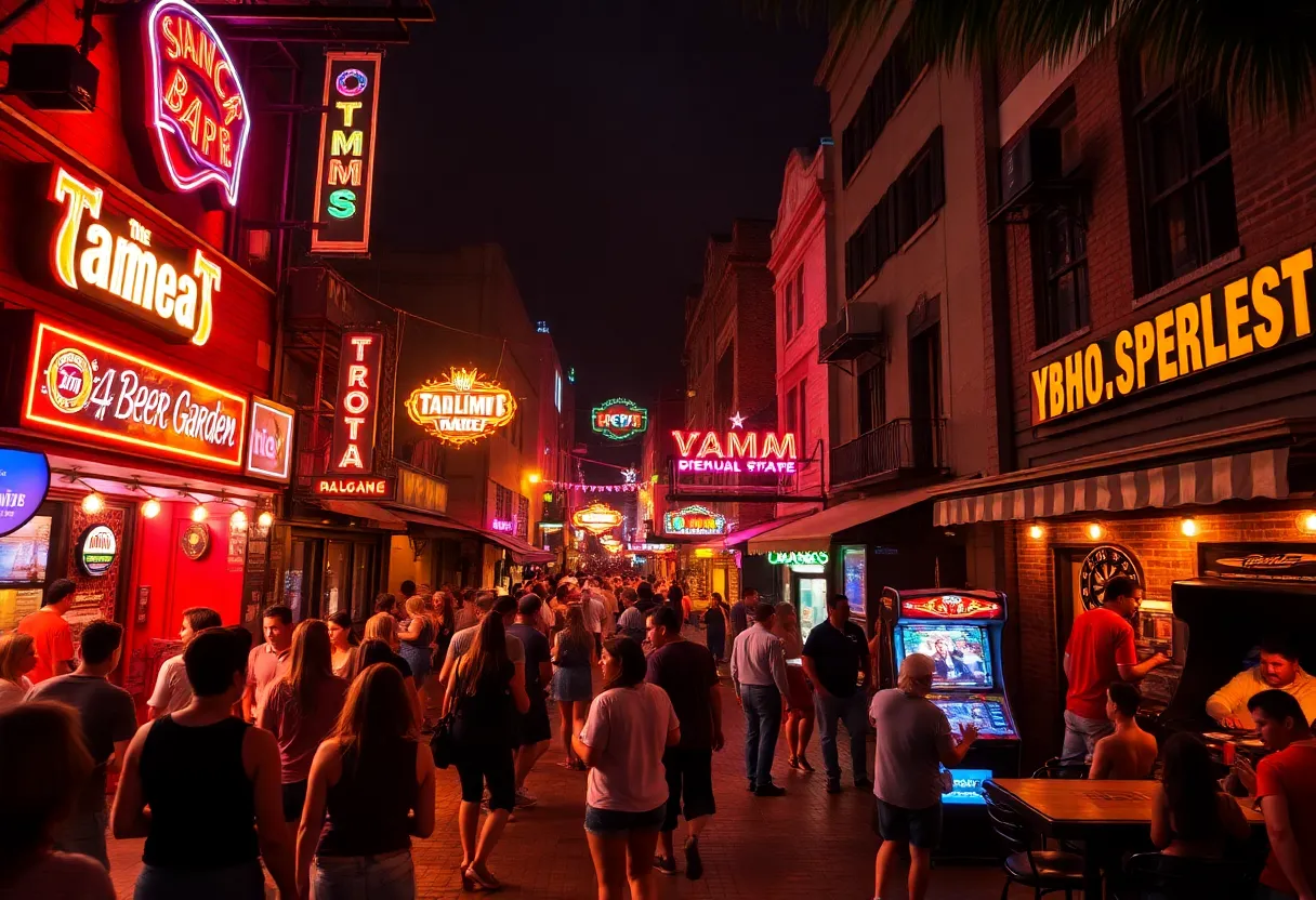 Lively Tampa nightlife scene with neon bars, outdoor beer garden, dance floor and people enjoying late-night activities