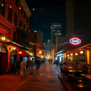 Nighttime Tampa scene with Ybor City brick street, rooftop lounge skyline and brewery patio, warm lights and crowd silhouettes