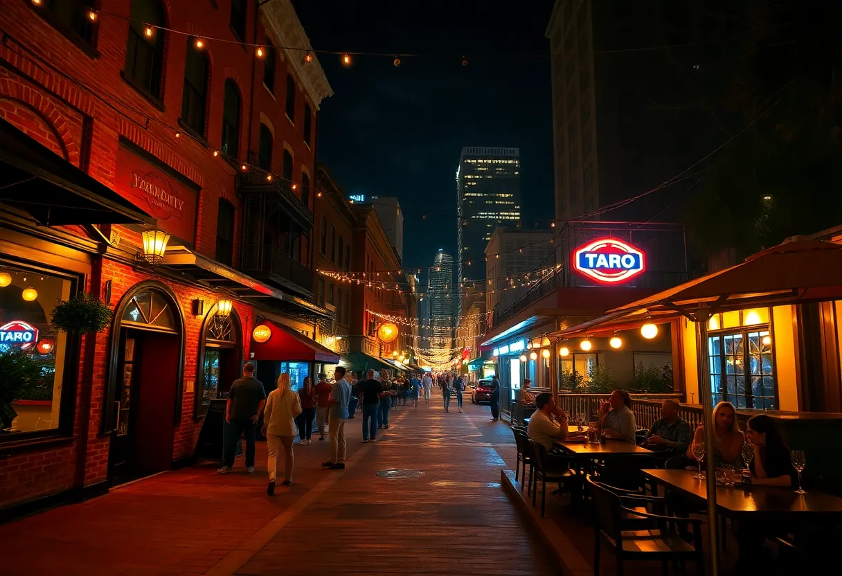 Nighttime Tampa scene with Ybor City brick street, rooftop lounge skyline and brewery patio, warm lights and crowd silhouettes