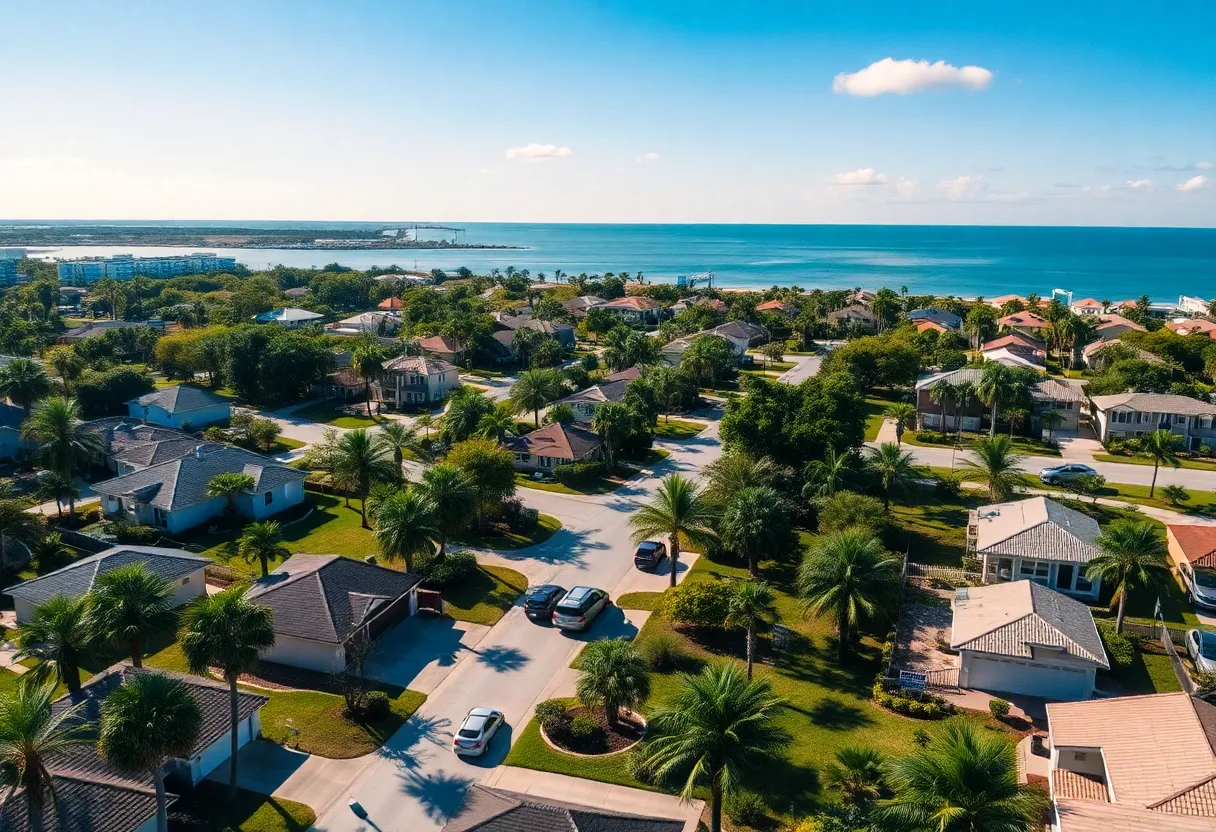 Aerial view of Tampa neighborhood with single-family homes, palm trees, nearby waterfront, and for-sale signs