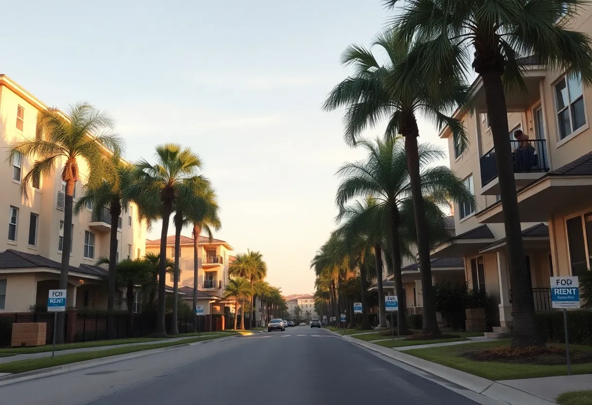 Tampa street with apartments, bungalows, palm trees and for rent signs with moving boxes on porches