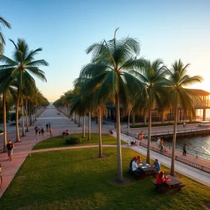 Sunrise view of Tampa Riverwalk and Bayshore Boulevard with walkers, cyclists, palm trees and waterfront park