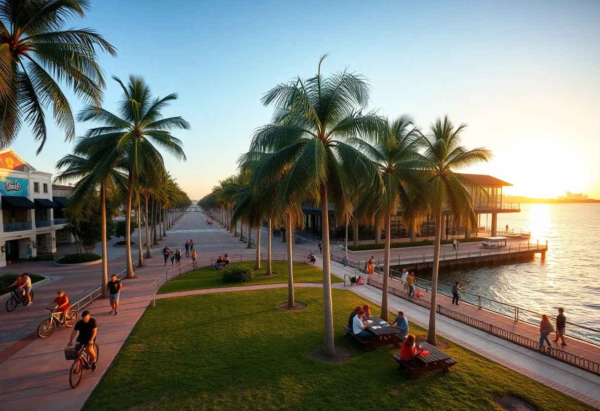 Sunrise view of Tampa Riverwalk and Bayshore Boulevard with walkers, cyclists, palm trees and waterfront park