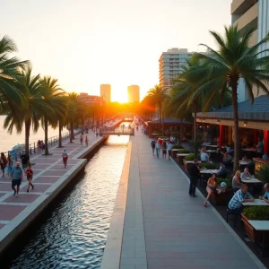 Sunset view of Tampa Riverwalk with people strolling, palm trees, and waterfront dining near historic buildings