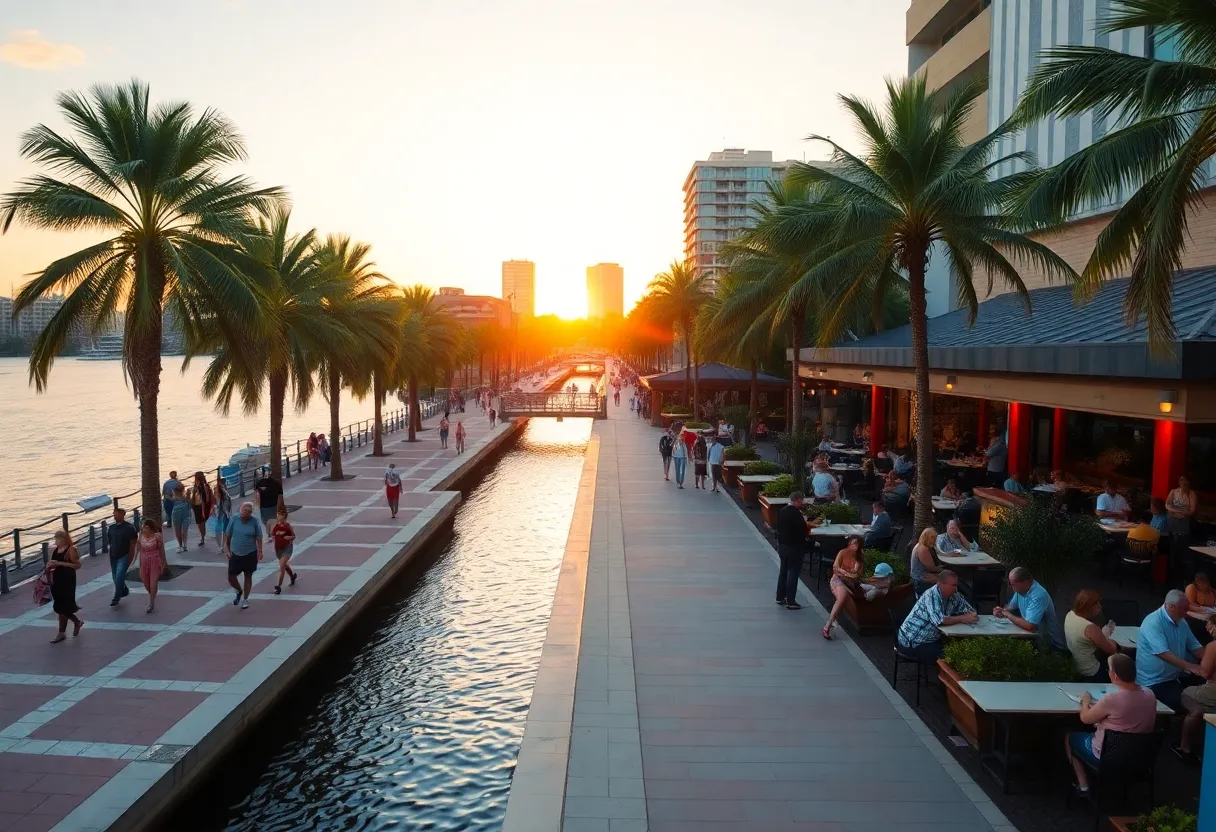 Sunset view of Tampa Riverwalk with people strolling, palm trees, and waterfront dining near historic buildings