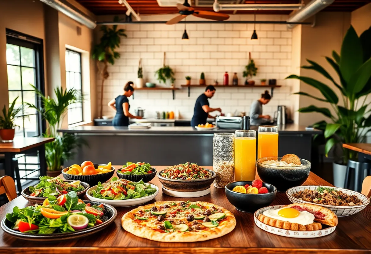 Assortment of gluten-free and vegan dishes in a bright Tampa cafe with separate prep area