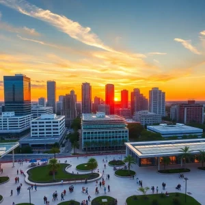 Sunset view of Tampa city skyline with people in public spaces