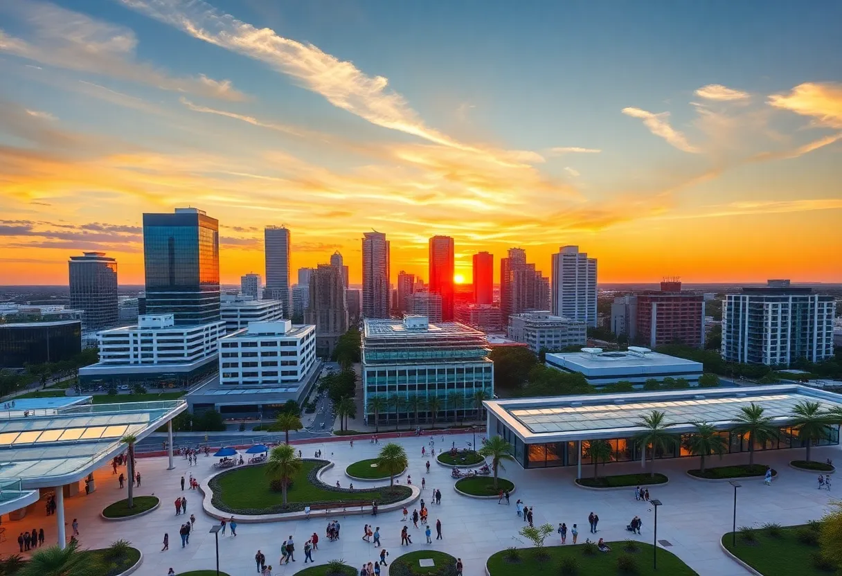 Sunset view of Tampa city skyline with people in public spaces