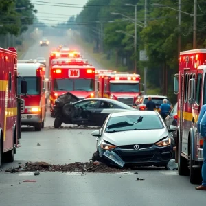 Emergency response vehicles at a vehicle crash site in Tampa