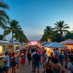 Outdoor Tampa festival with food trucks, night market stalls, string lights and a diverse crowd at sunset