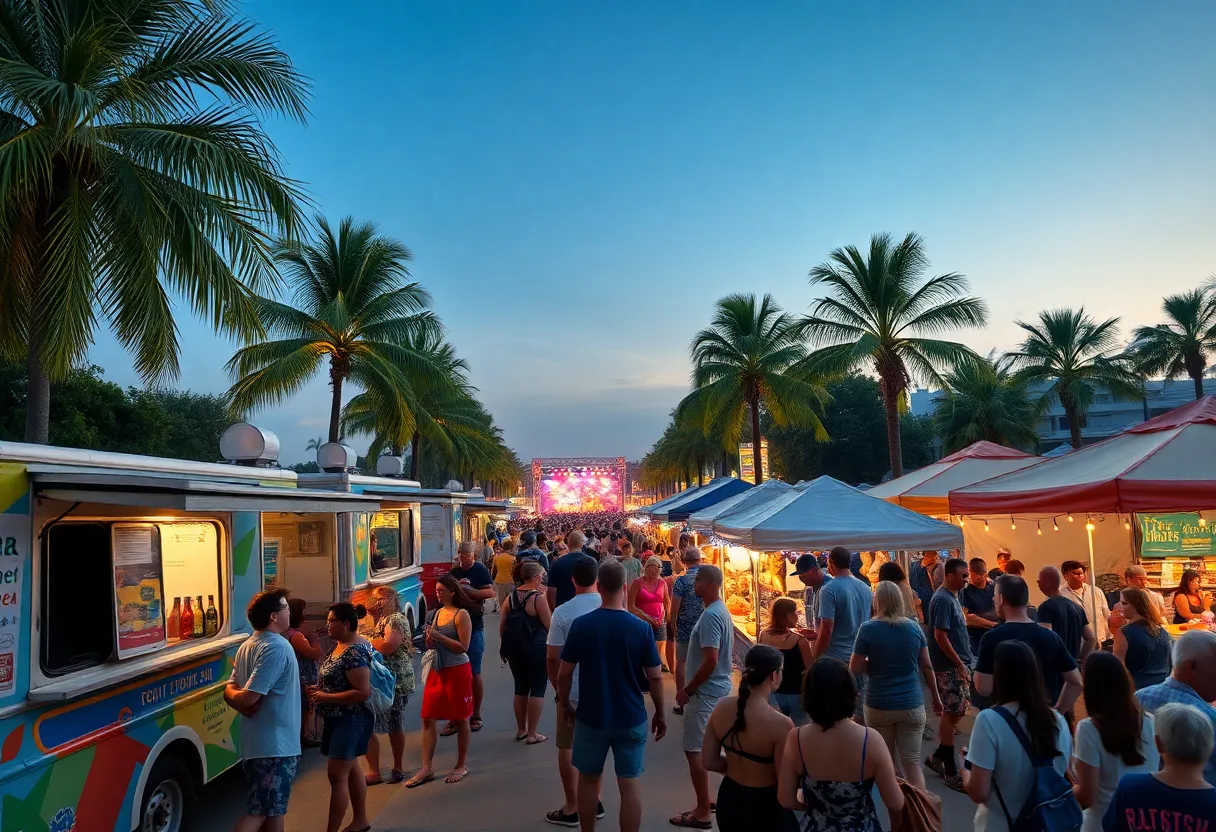 Outdoor Tampa festival with food trucks, night market stalls, string lights and a diverse crowd at sunset