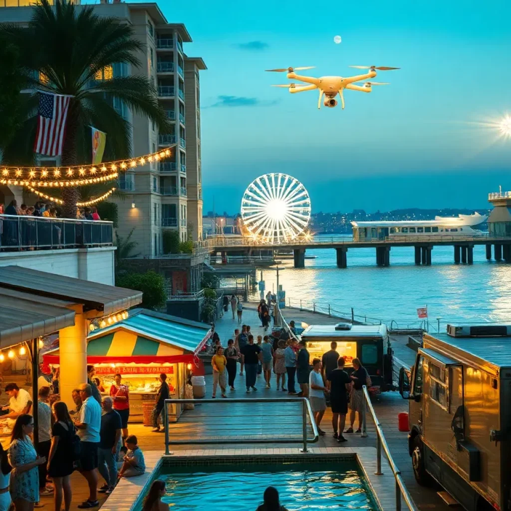 Bustling Tampa weekend scene with night market, rooftop cookout, community park and drone light show over a pier at dusk