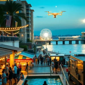 Bustling Tampa weekend scene with night market, rooftop cookout, community park and drone light show over a pier at dusk