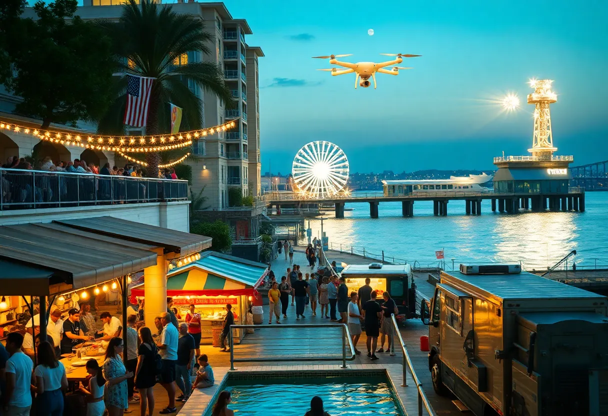 Bustling Tampa weekend scene with night market, rooftop cookout, community park and drone light show over a pier at dusk