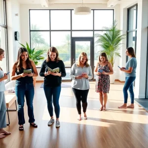 Bright Tampa wellness studio lobby with people checking schedules and a studio room with yoga mats visible