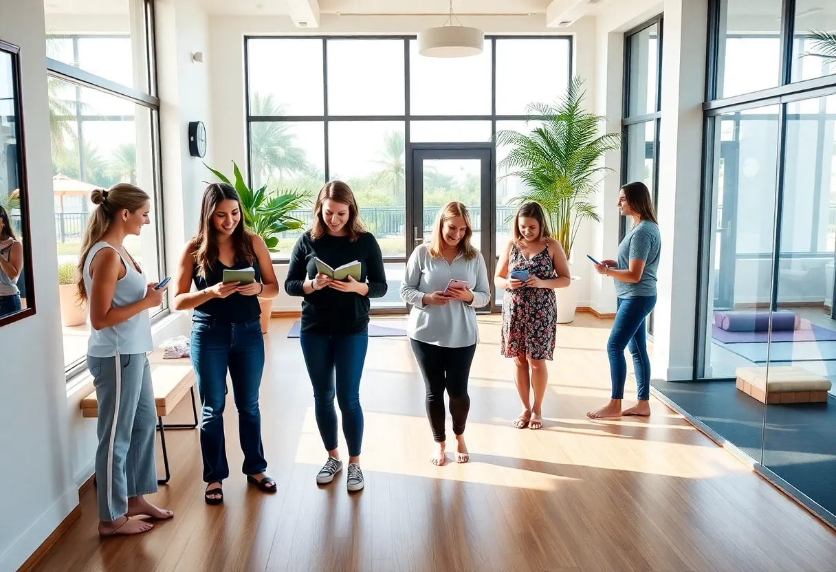 Bright Tampa wellness studio lobby with people checking schedules and a studio room with yoga mats visible