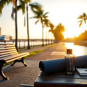 Sunlit Tampa Riverwalk with bench, rolled yoga mat, water bottle, diffuser and journal for a quick wellness break