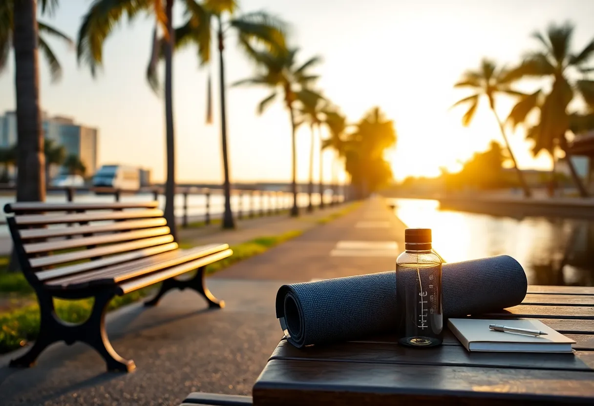 Sunlit Tampa Riverwalk with bench, rolled yoga mat, water bottle, diffuser and journal for a quick wellness break