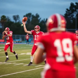 Quarterback throwing a pass on a football field during a game.