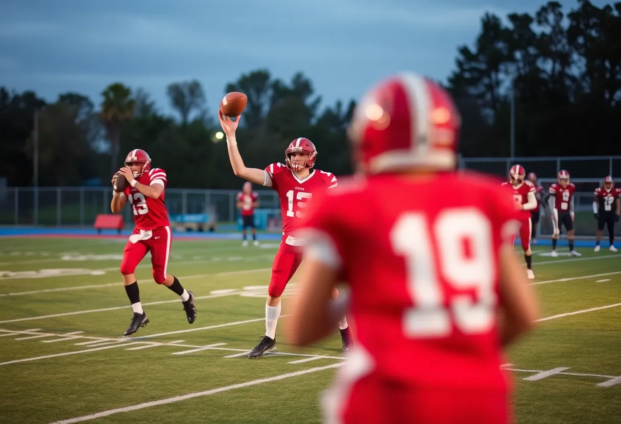 Quarterback throwing a pass on a football field during a game.