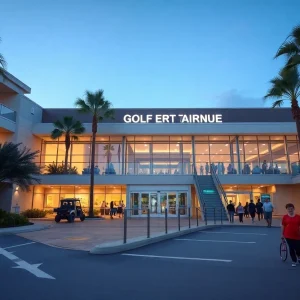 Exterior view of a multi-level golf entertainment venue in Tampa showing accessible parking, a ramped entrance with automatic doors and elevator signage