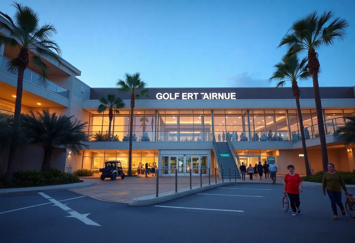 Exterior view of a multi-level golf entertainment venue in Tampa showing accessible parking, a ramped entrance with automatic doors and elevator signage