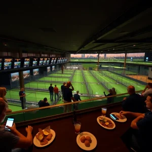 Illuminated Topgolf Tampa bays at night with groups playing, phones and food on tables, and skyline in background