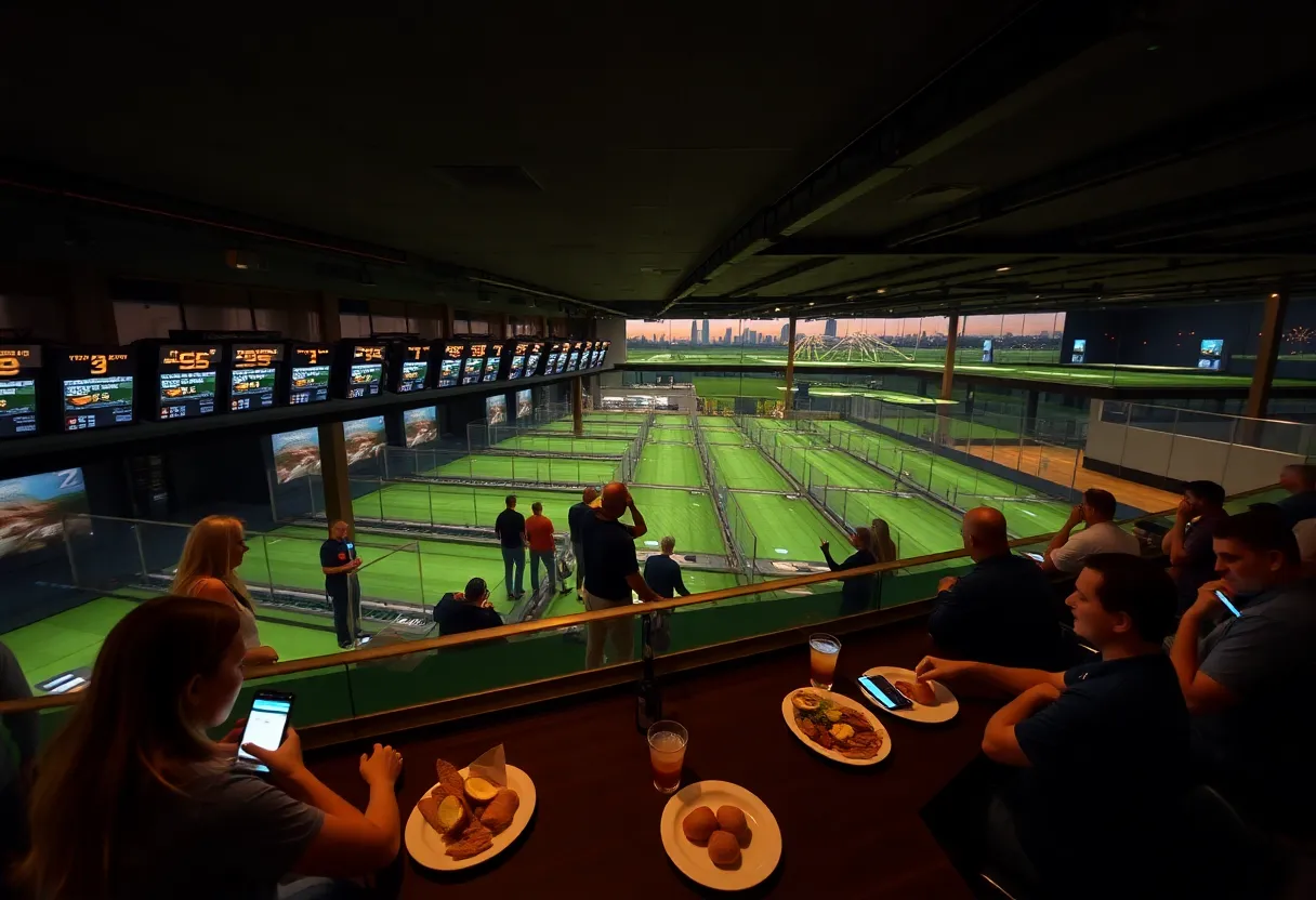 Illuminated Topgolf Tampa bays at night with groups playing, phones and food on tables, and skyline in background