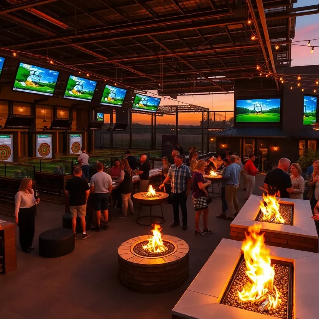 Topgolf Tampa rooftop terrace with fire pits and climate-controlled hitting bays at sunset