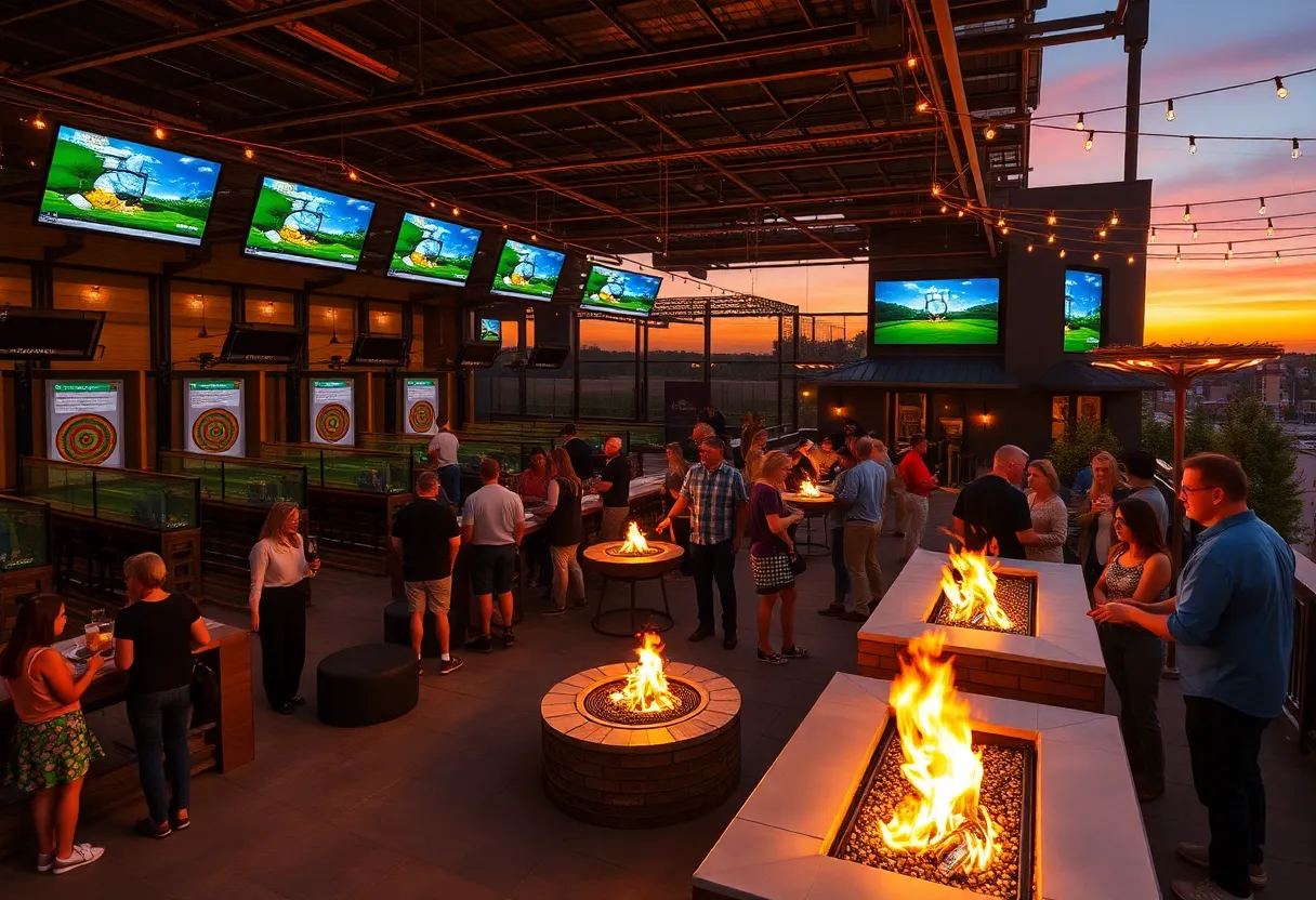 Topgolf Tampa rooftop terrace with fire pits and climate-controlled hitting bays at sunset