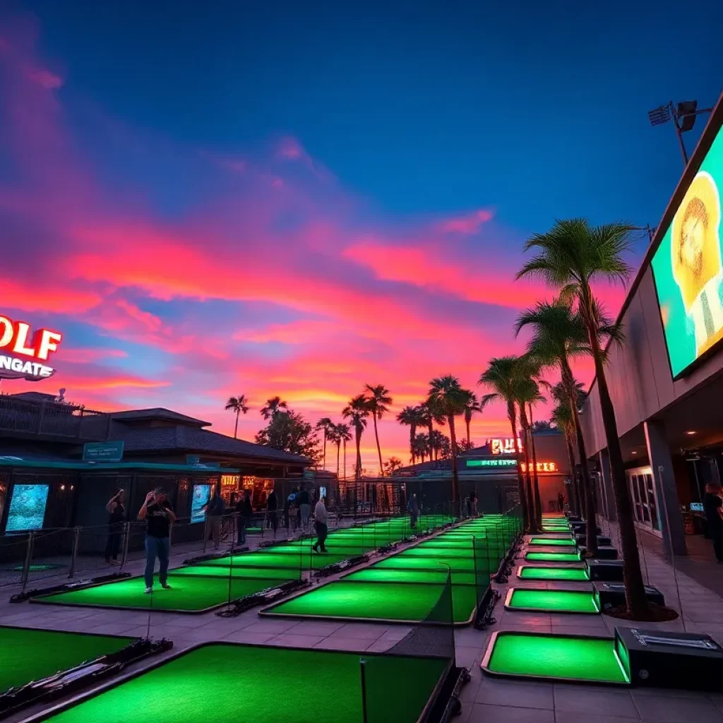 Lit outdoor hitting bays with players and palm trees at dusk at a golf entertainment venue in Tampa