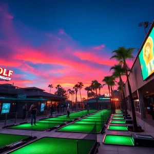 Lit outdoor hitting bays with players and palm trees at dusk at a golf entertainment venue in Tampa